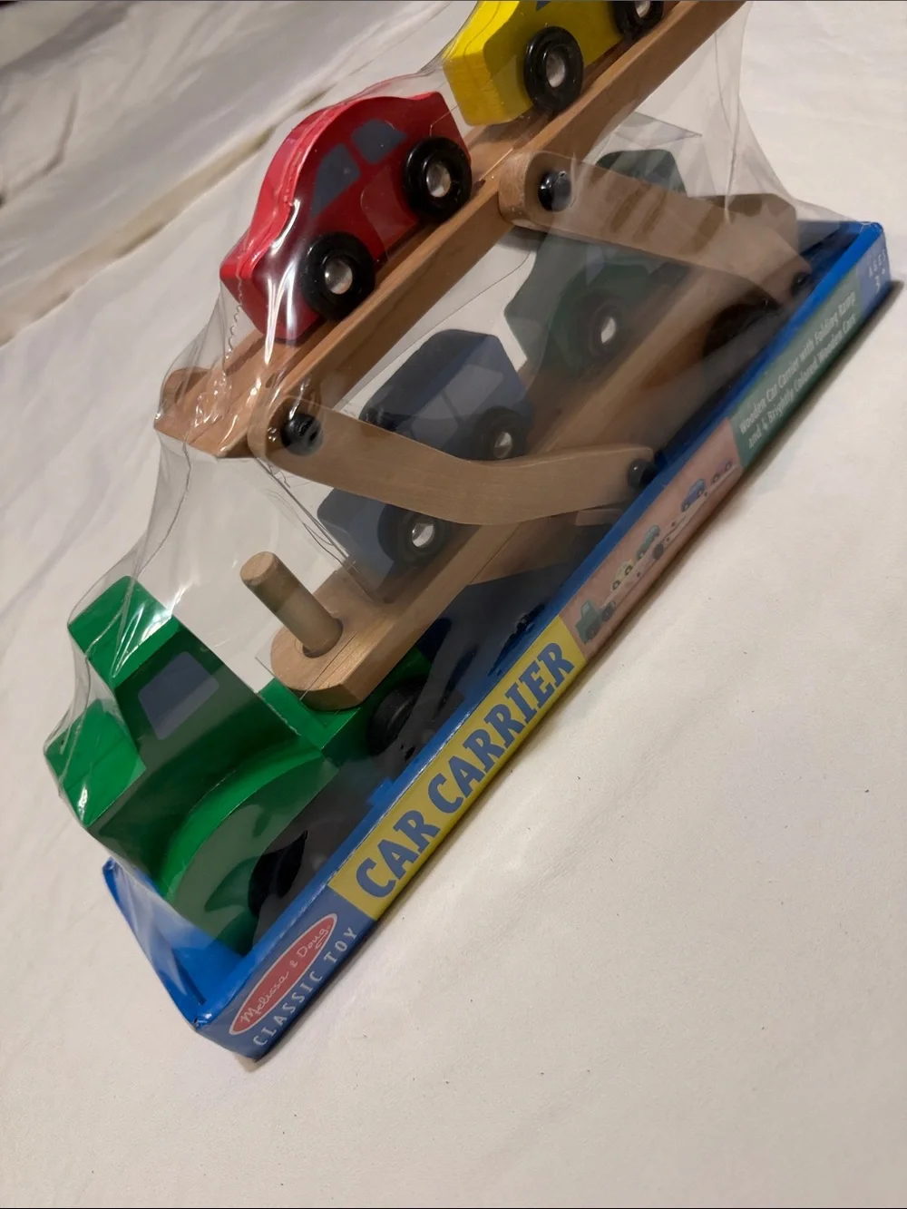Melissa & Doug Wooden Car Carrier with Green Truck and Colorful Cars
